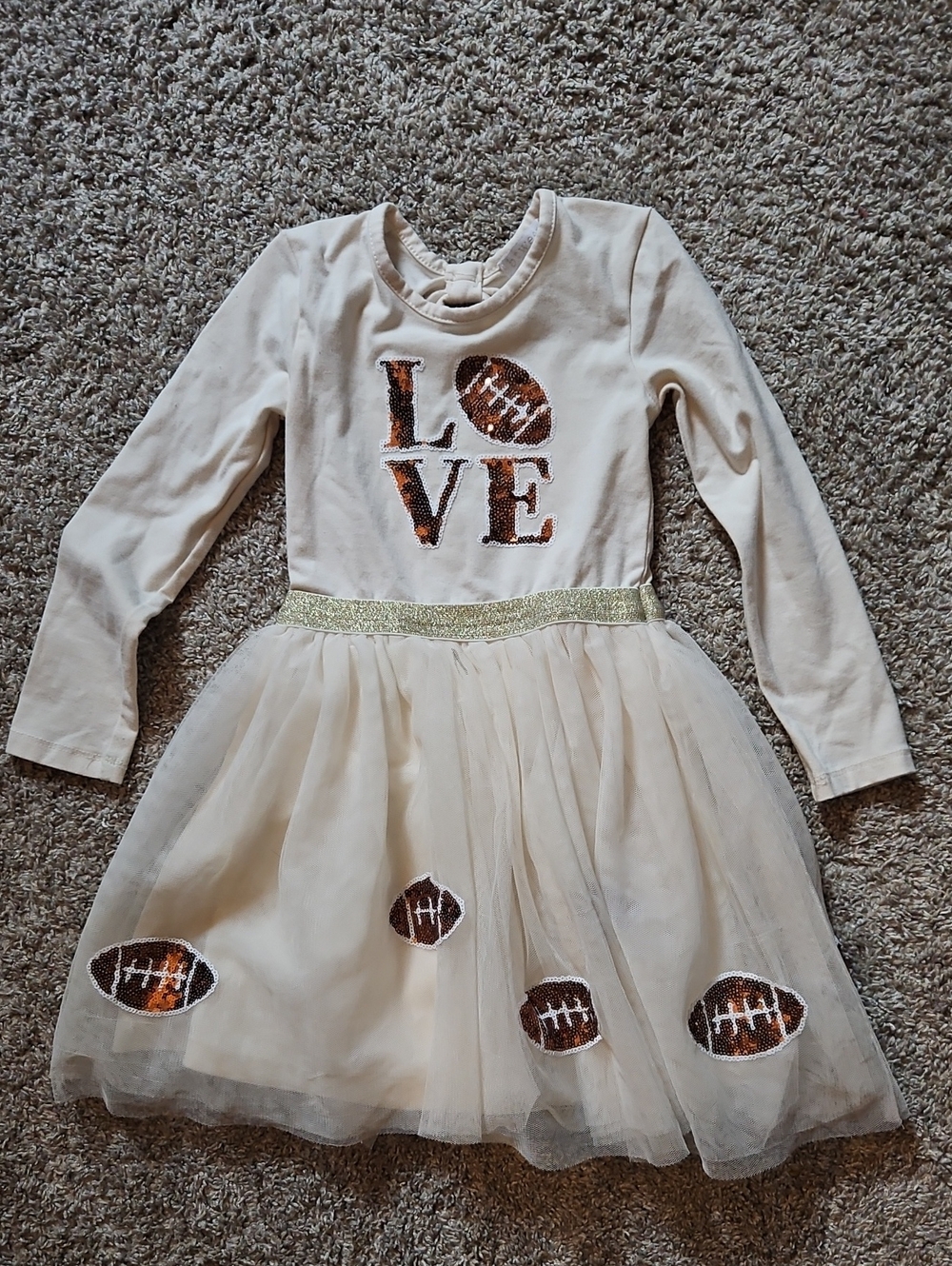 btween Cream Long-Sleeve Tulle Dress with Football Sequin Accents